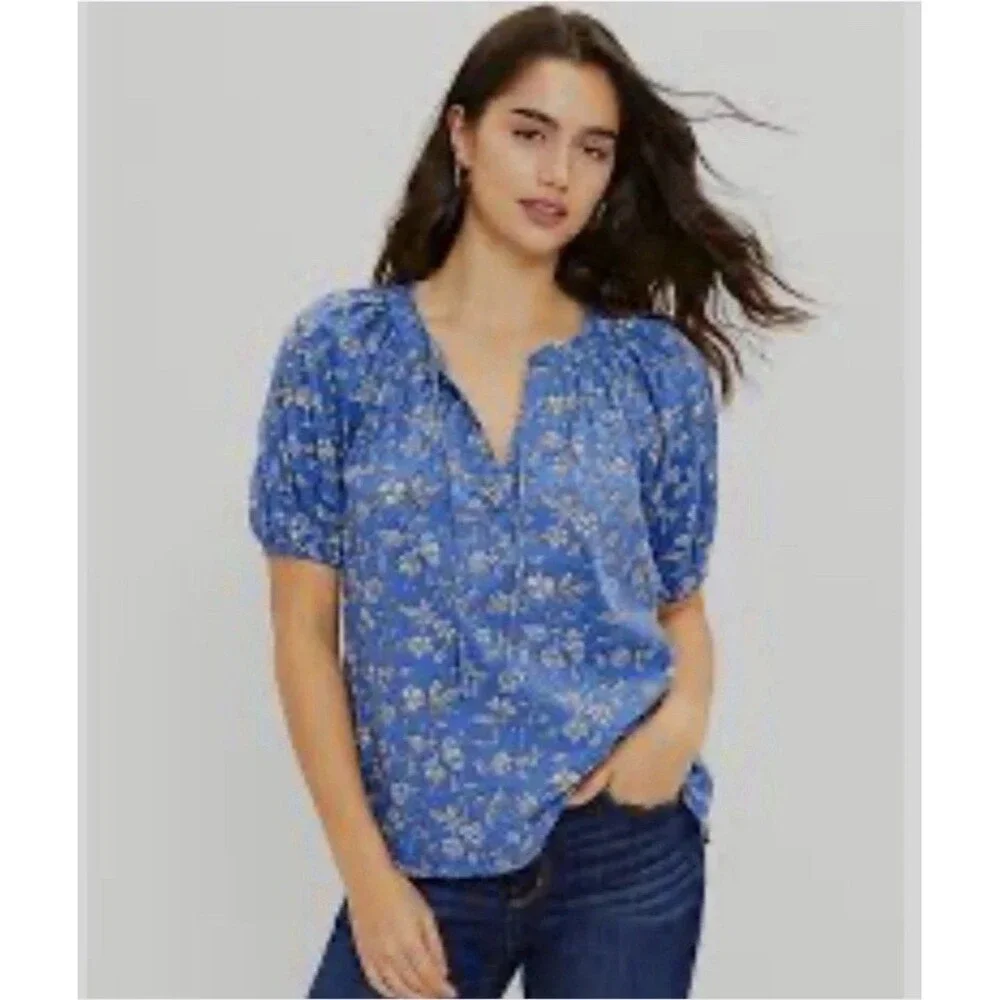 Loft Blue Floral Puff Sleeve Split Neck Blouse small cottagecore teacher dainty